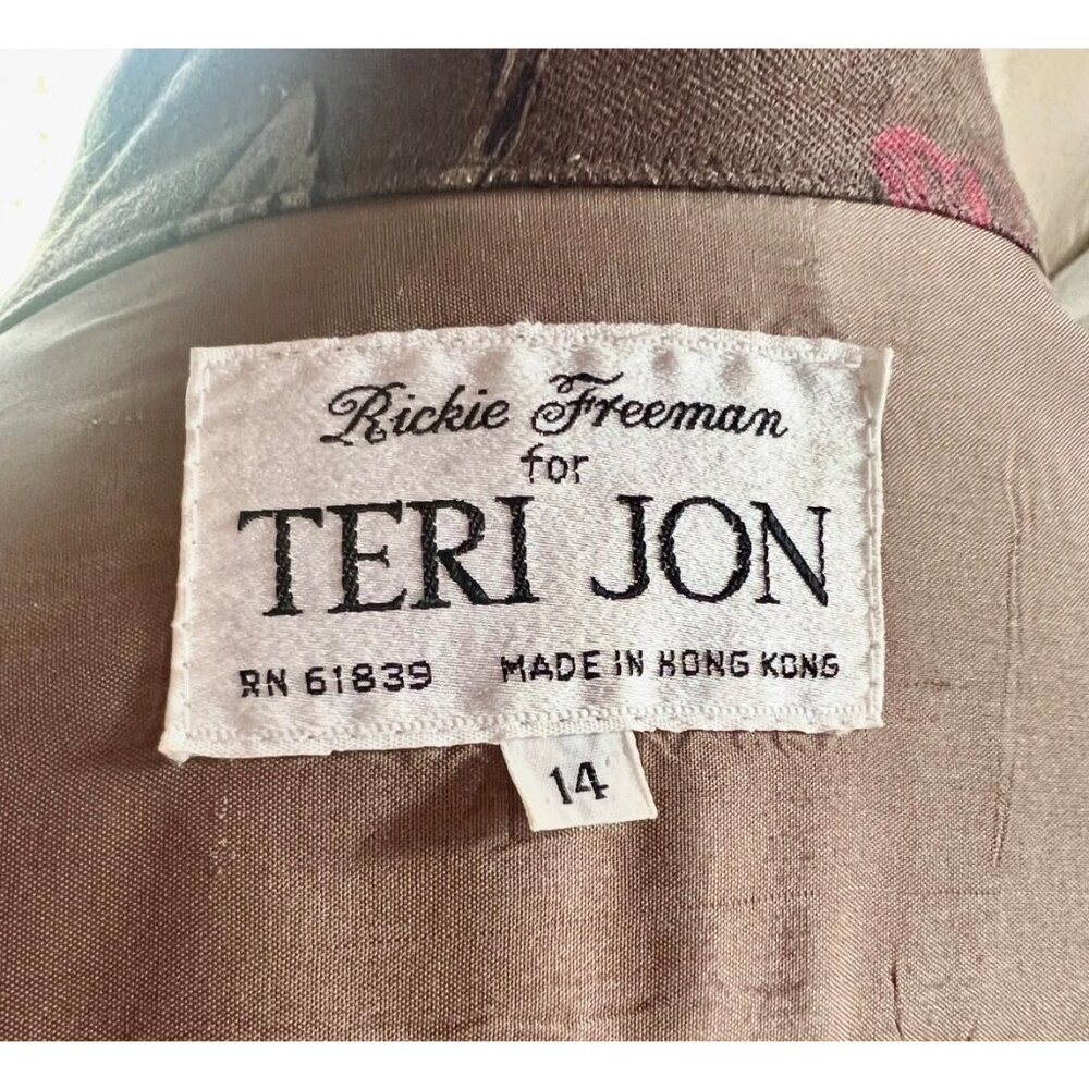 Rickie Freeman Teri Jon Belted 100% Wool Dress Women’s 14 Red Rose Print Brown - Picture 6 of 16